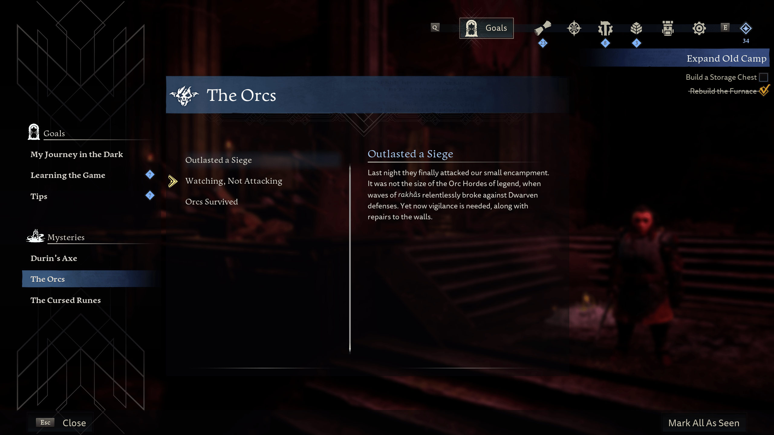 Return to Moria's goals/objectives screen.